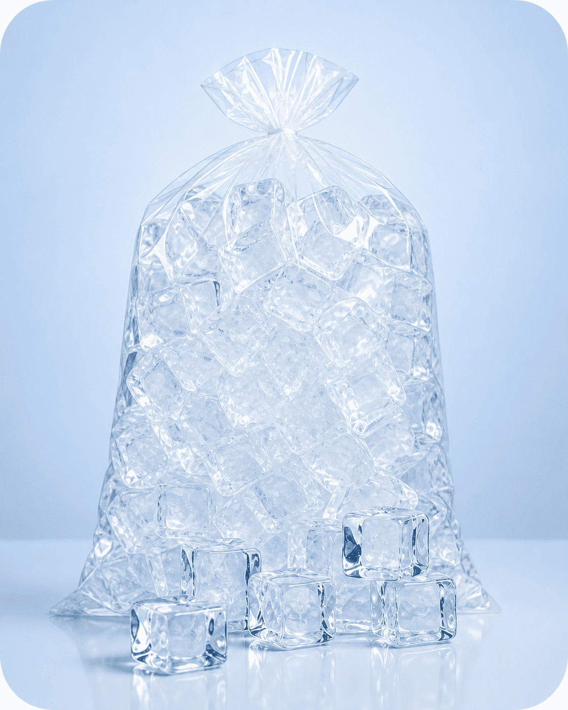 Clear plastic bag filled with transparent ice cubes and five ice cubes outside the bag on a reflective surface.