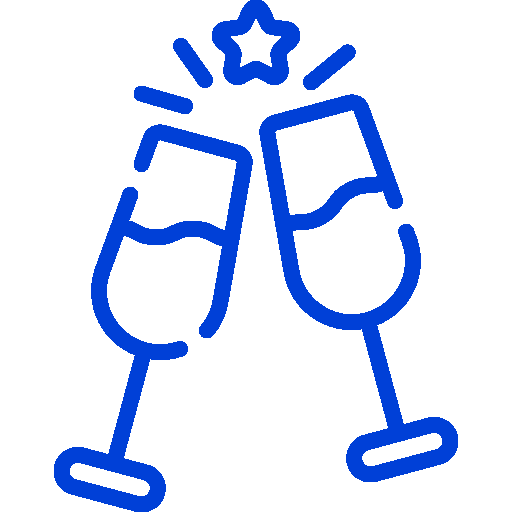 Simplified blue icon of two people raising glasses together in a toast.
