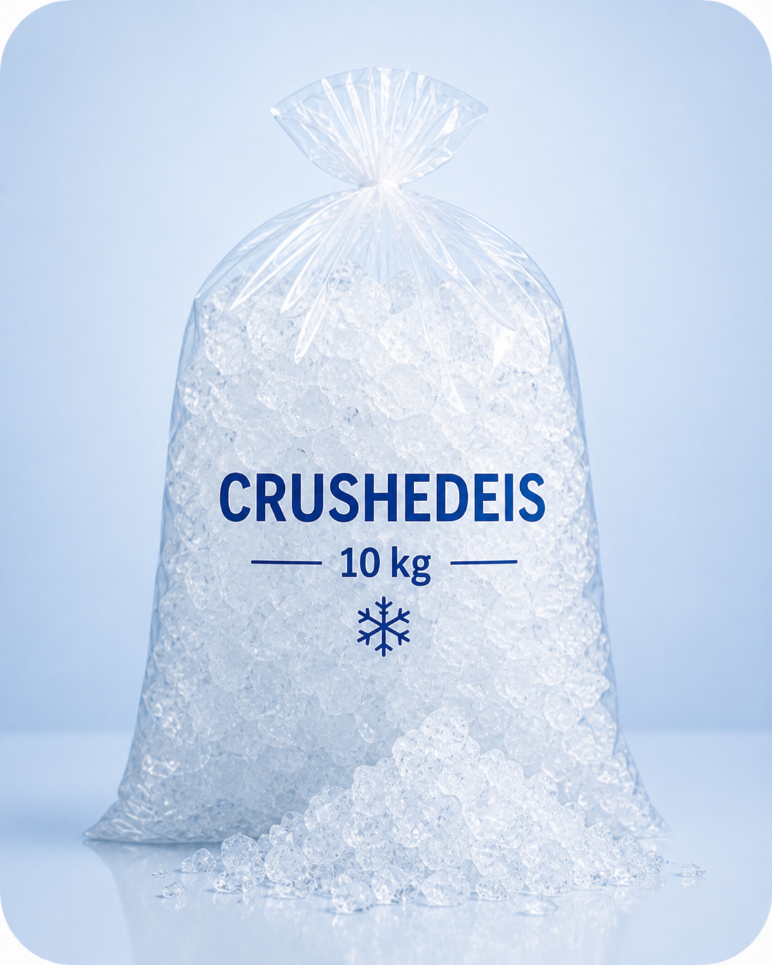 Clear plastic bag of crushed ice labeled 10 kg with a pile of crushed ice in front on a reflective surface.