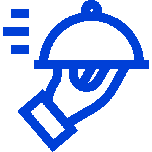 Blue icon of fork and knife crossed inside a blue circle representing food or dining.