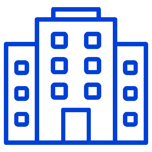 Blue icon of a hotel building with three floors, multiple windows, and a small entrance.