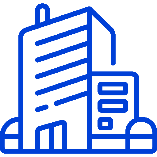 Blue icon of a multi-story office building with windows and a flag on top.